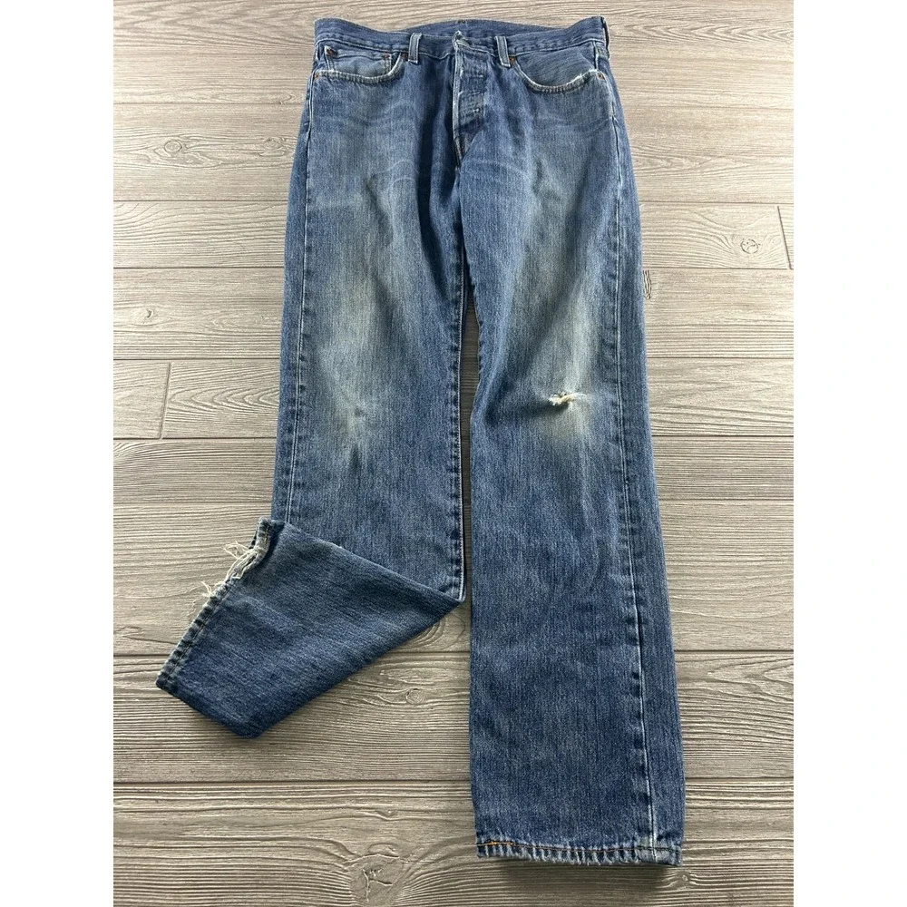 Levis Mens 32x32 Lot 501 Straight Leg Button Fly Blue Premium Jeans Dark Wash